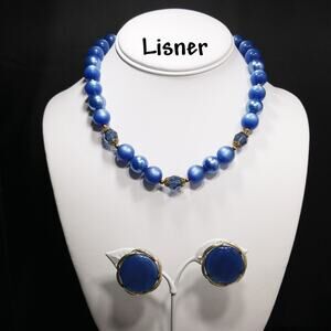 Lisner Blue Moonglow Lucite Necklace Clip On Earrings Set 1950s Vintage Jewelry